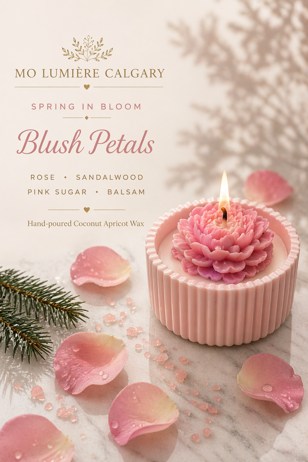 Blush Petals — Pink Floral Coconut Apricot wax Candle in Handmade Vessel