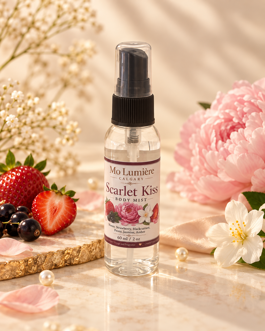 Scarlet Kiss Body Mist – Strawberry Peony Amber Fragrance Spray