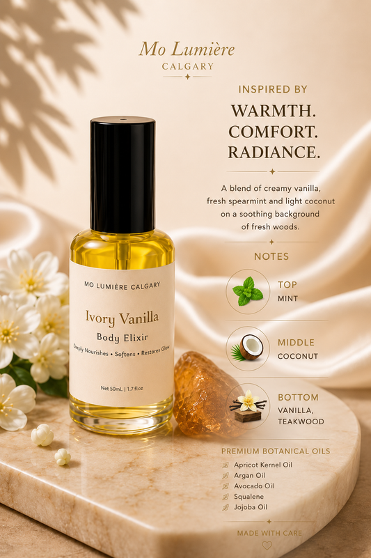 Ivory Vanilla Body Oil | Nourishing Body Oil with Apricot Kernel, Argan & Squalane | Mo Lumière Calgary