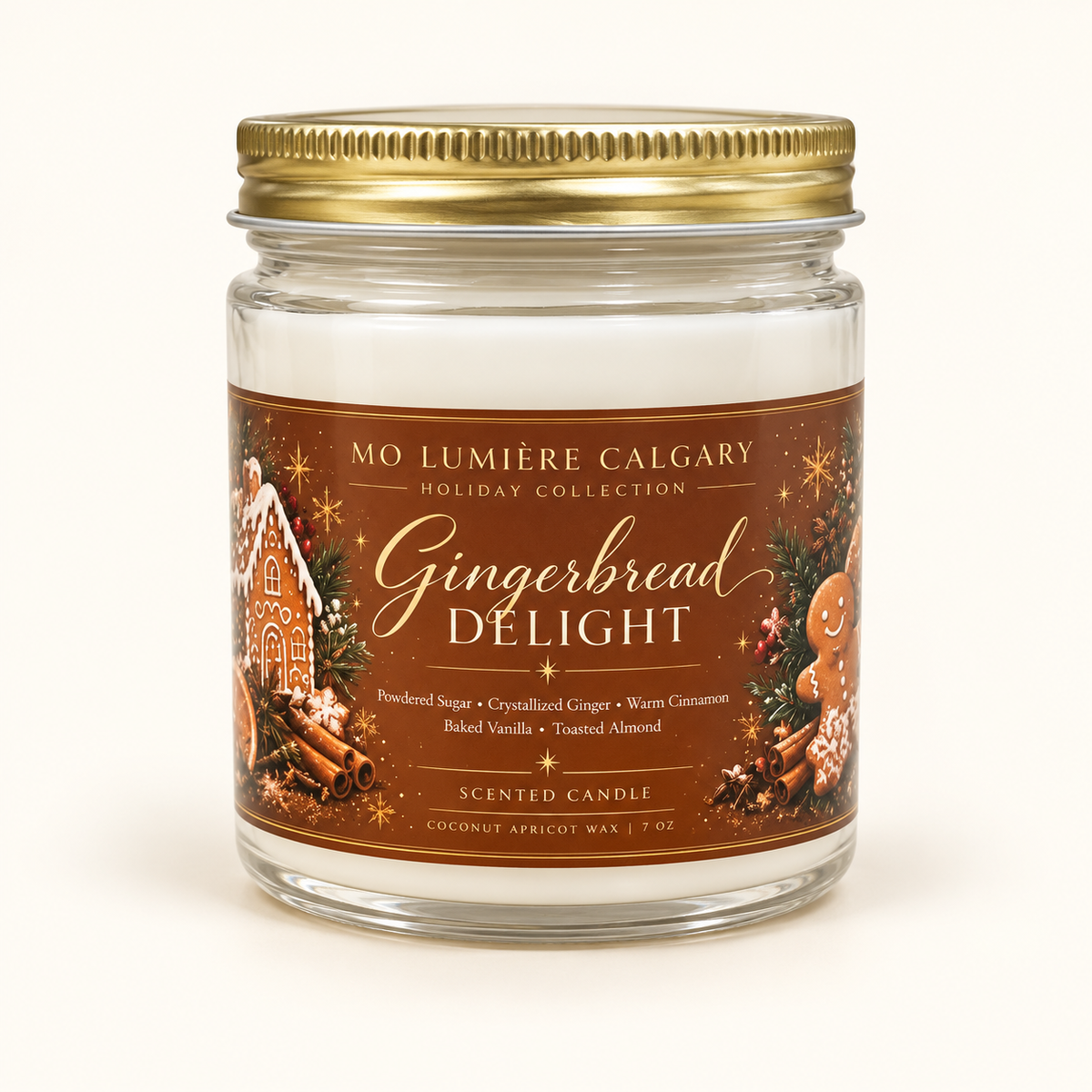 Gingerbread Delight 7 oz holiday candle in clear glass jar with gold lid and warm brown gingerbread label