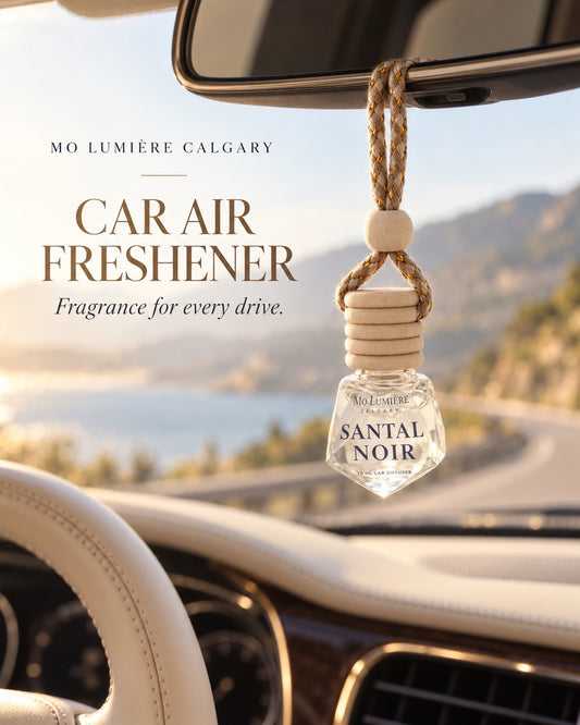 Santal Noir car air freshener hanging inside a car