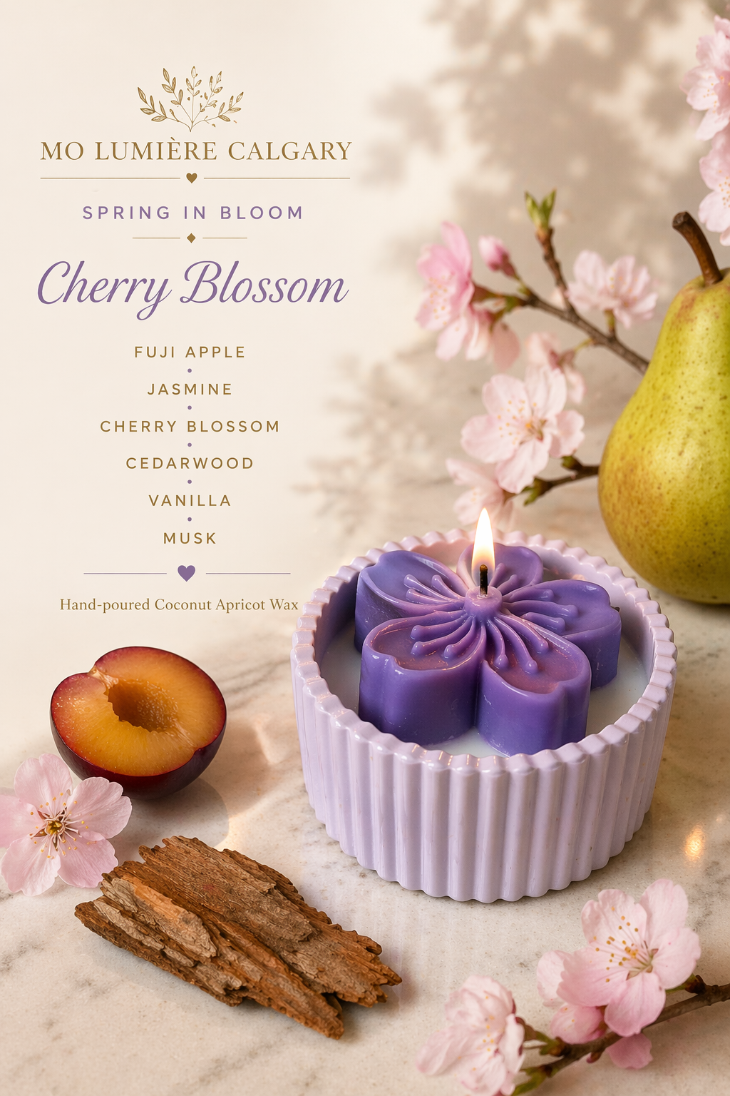 Cherry Blossom —  Floral Coconut Apricot Candle in Handmade Vessel