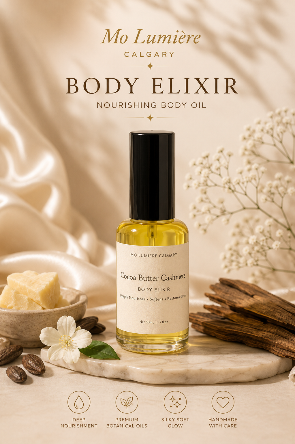 Cocoa Butter Cashmere Body Elixir | Nourishing Body Oil | Mo Lumière Calgary