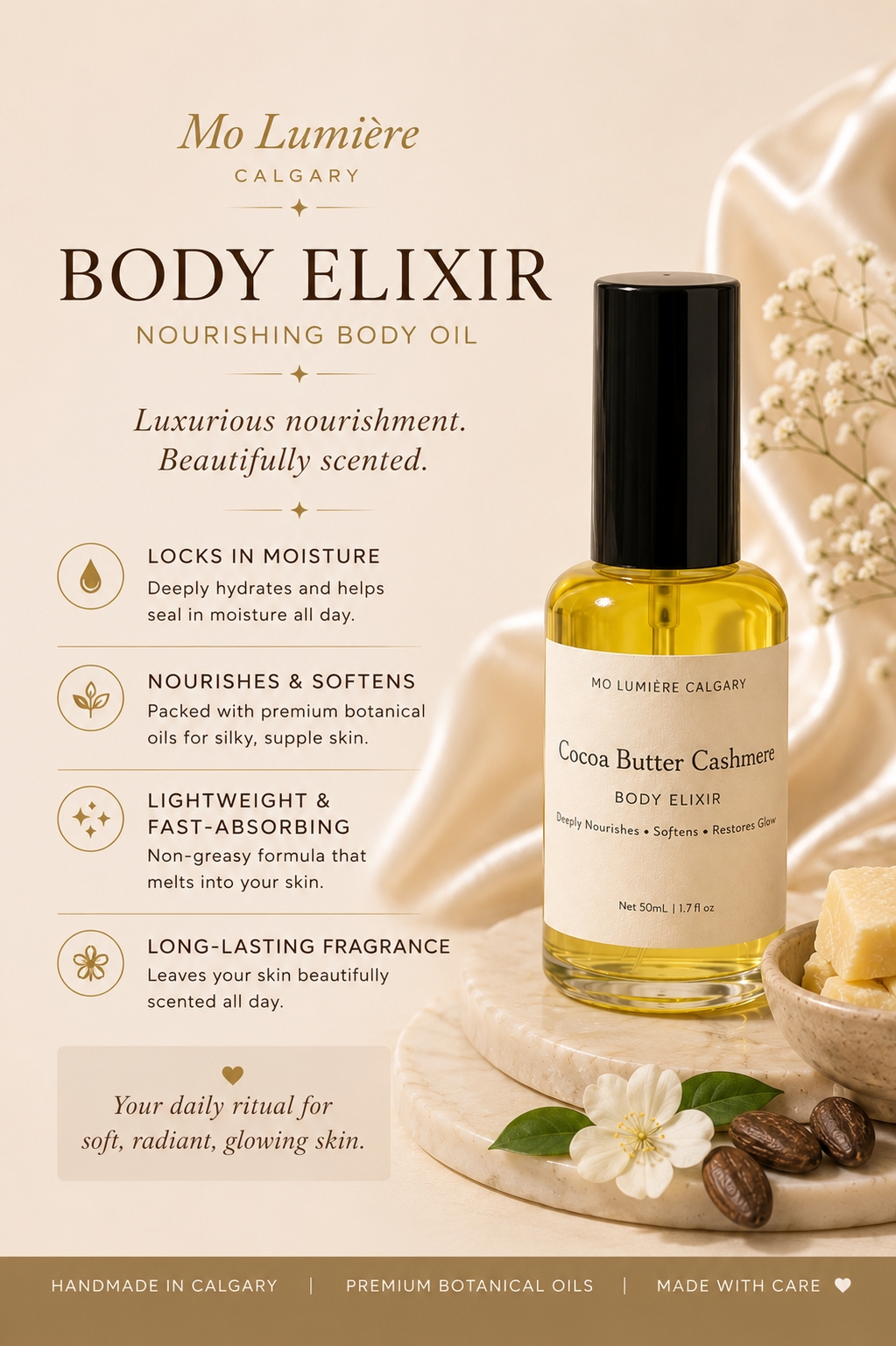 Cocoa Butter Cashmere Body Elixir | Nourishing Body Oil | Mo Lumière Calgary