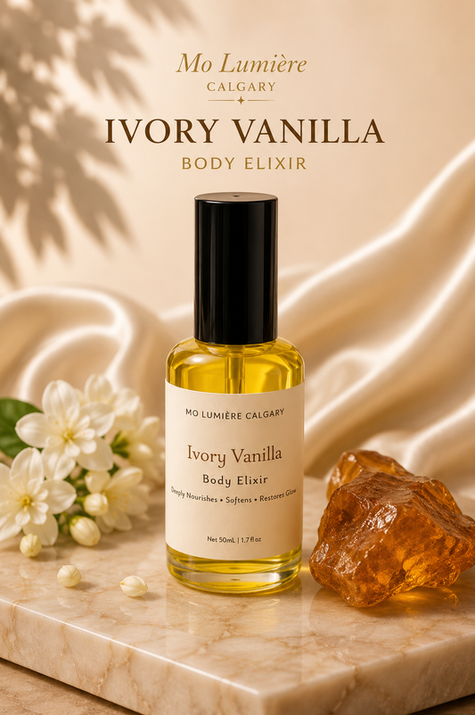 Ivory Vanilla Body Oil | Nourishing Body Oil with Apricot Kernel, Argan & Squalane | Mo Lumière Calgary