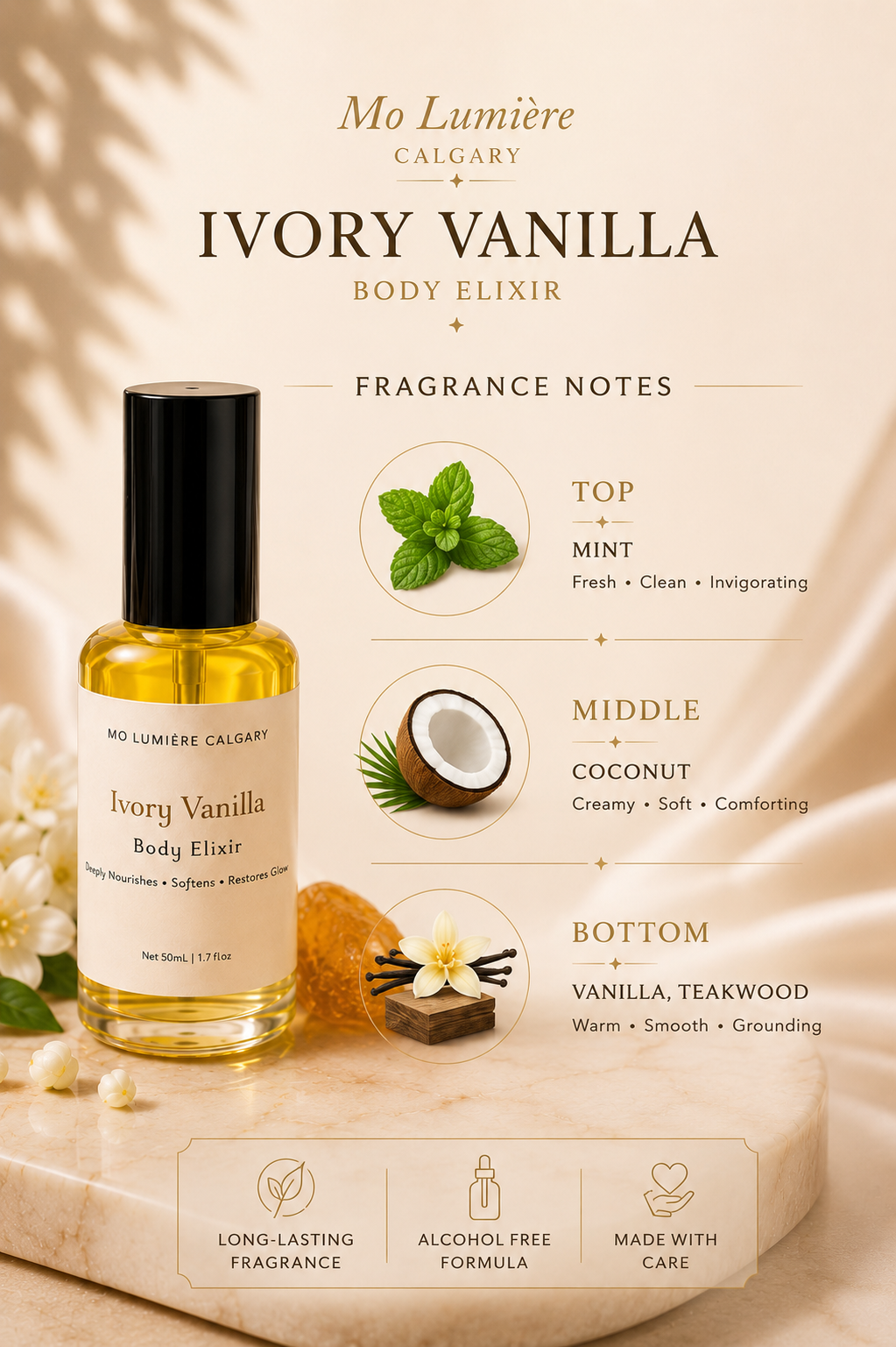Ivory Vanilla Body Oil | Nourishing Body Oil with Apricot Kernel, Argan & Squalane | Mo Lumière Calgary