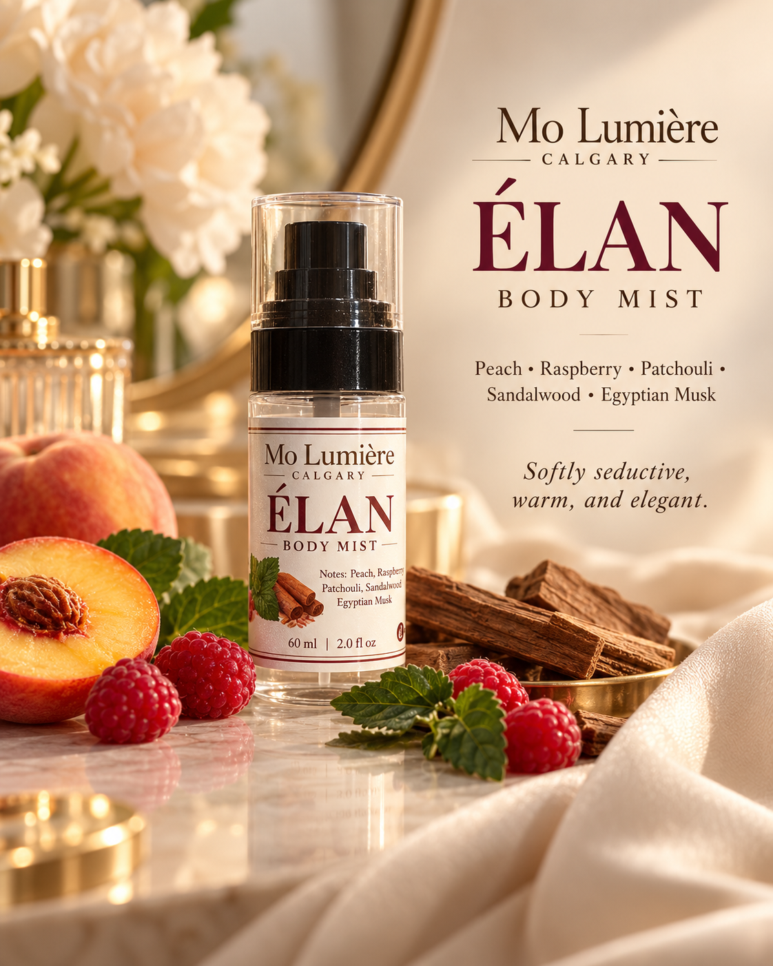 Élan Body Mist with peach raspberry patchouli sandalwood and Egyptian musk