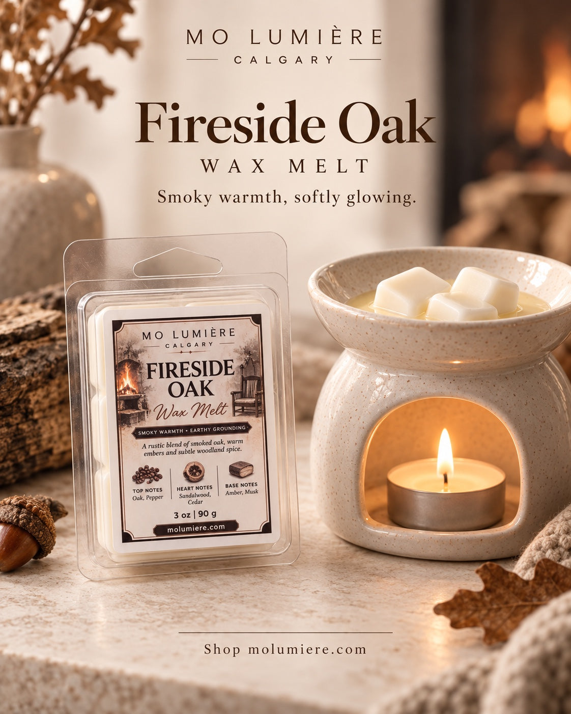 Mo Lumière Fireside Oak wax melt beside a ceramic wax warmer