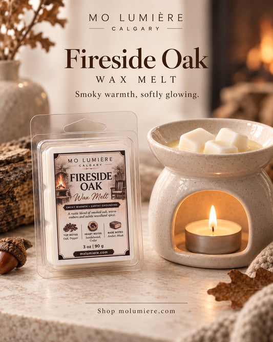 Mo Lumière Fireside Oak wax melt beside a ceramic wax warmer