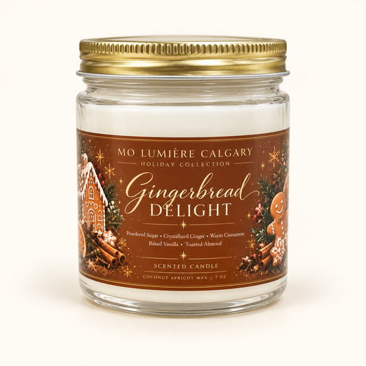 Gingerbread Delight 7 oz holiday candle in clear glass jar with gold lid and warm brown gingerbread label