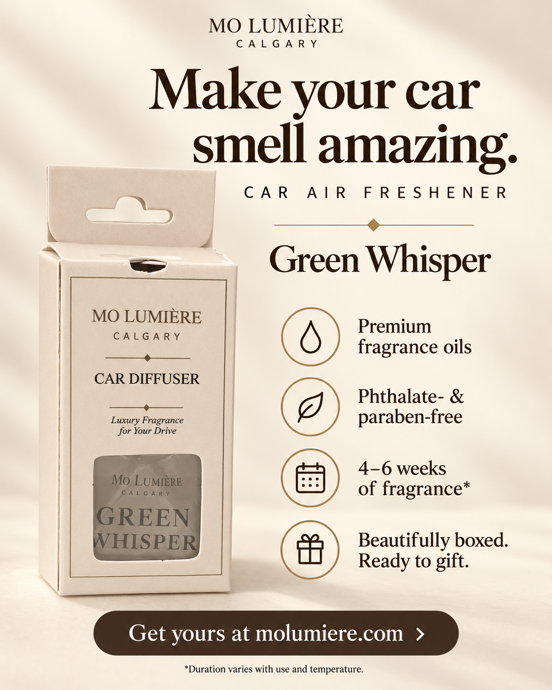 Green Whisper car diffuser fragrance benefits and gift packaging