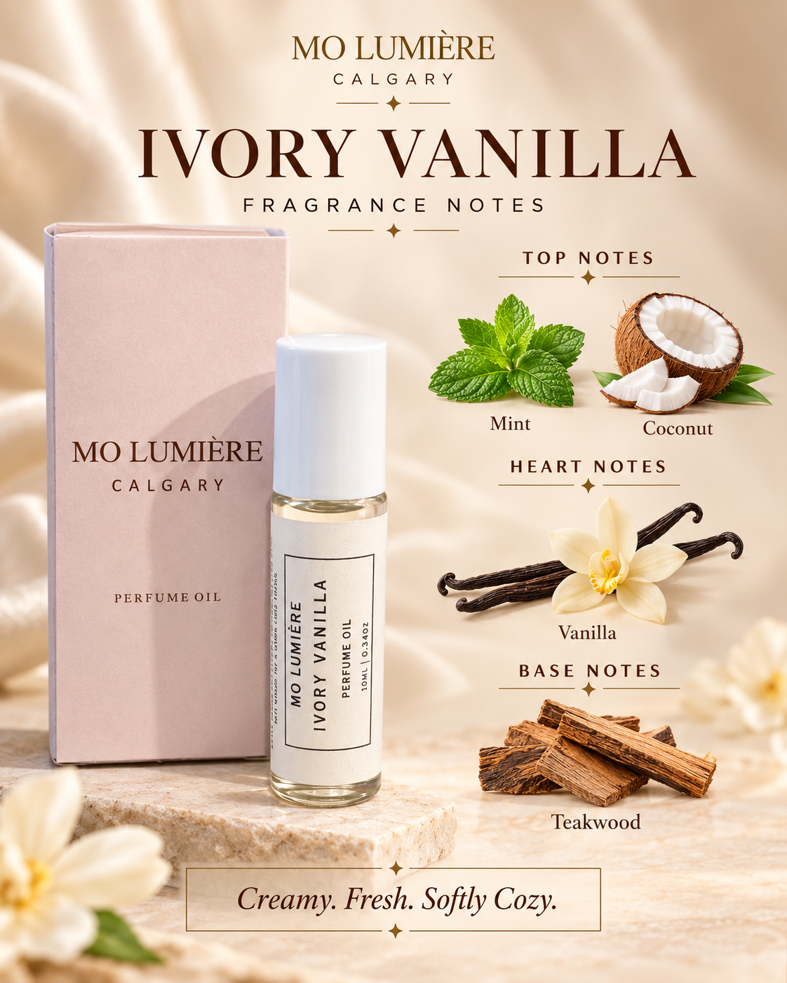 Ivory Vanilla Perfume Oil fragrance notes: mint, coconut, vanilla and teakwood