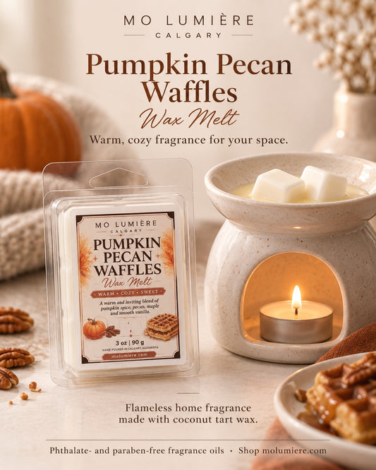 Mo Lumière Pumpkin Pecan Waffles wax melt beside a ceramic wax warmer