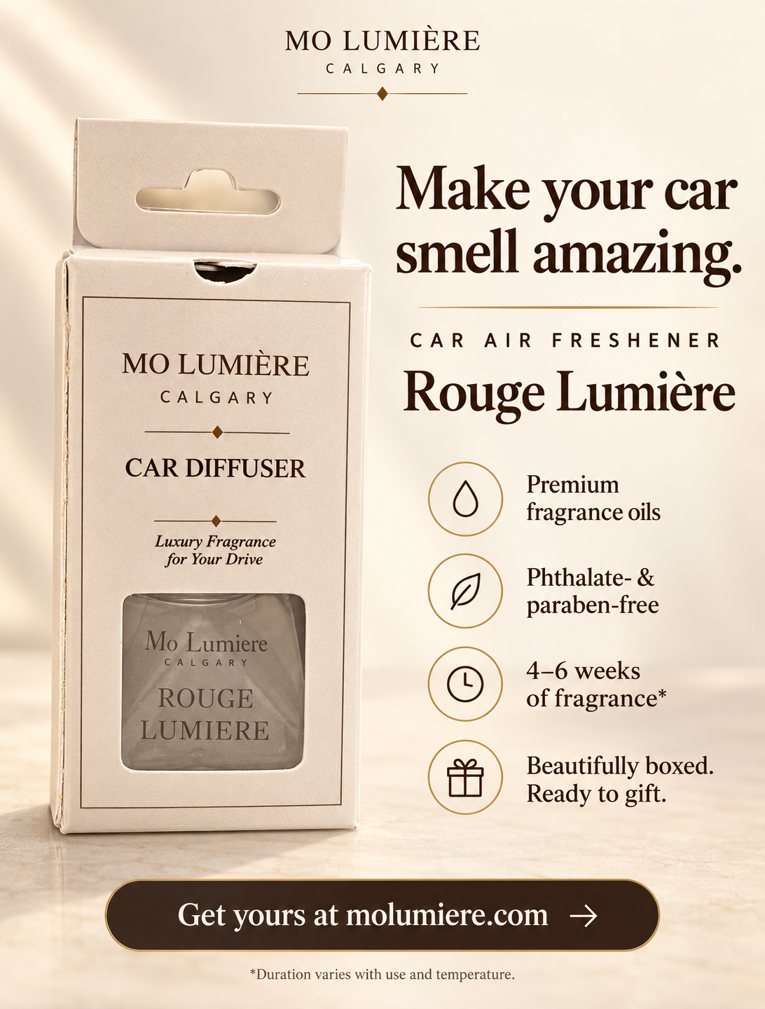 Rouge Lumière car diffuser fragrance benefits and gift packaging