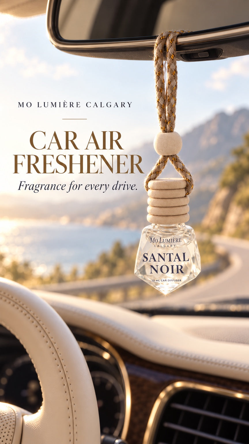 Santal Noir car air freshener hanging inside a car