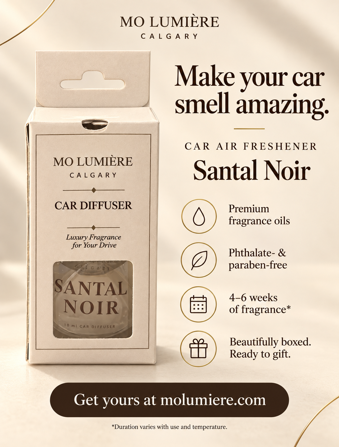Santal Noir car diffuser fragrance benefits and gift packaging