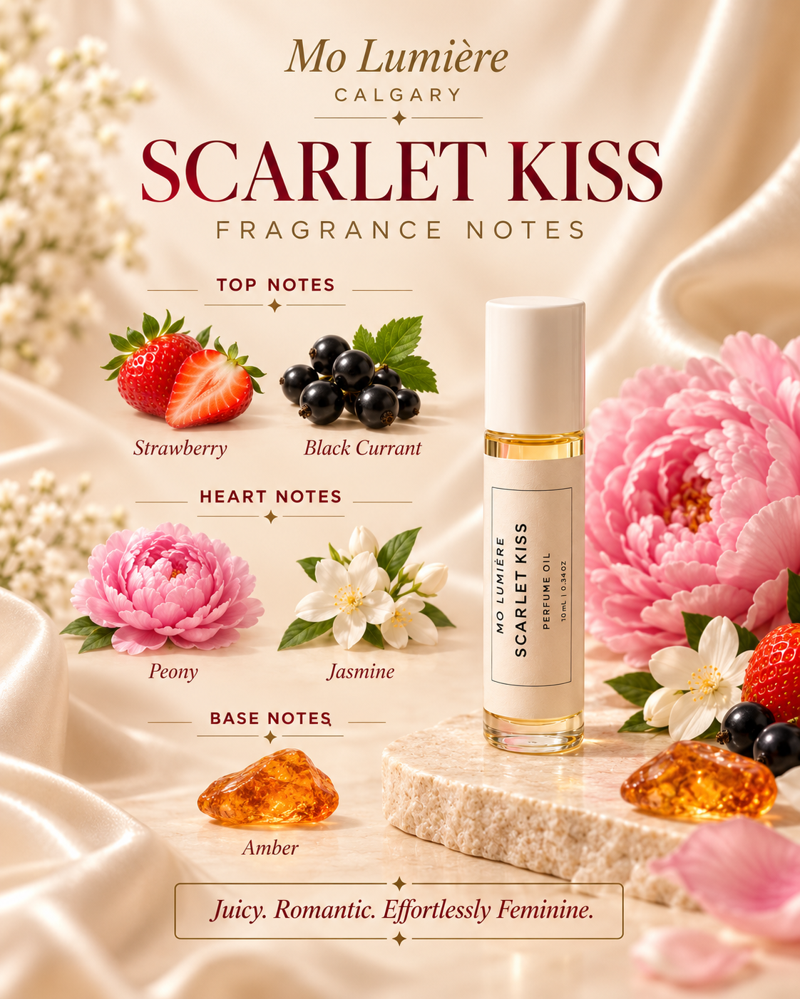 Scarlet Kiss Perfume Oil fragrance notes: strawberry, black currant, peony, jasmine and amber