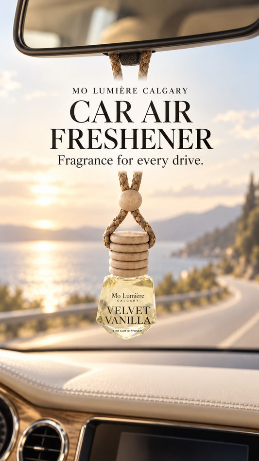 Velvet Vanilla car air freshener hanging inside a car