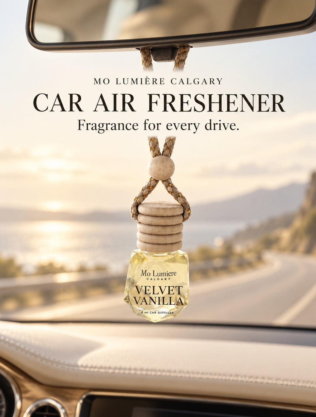Velvet Vanilla car air freshener hanging inside a car