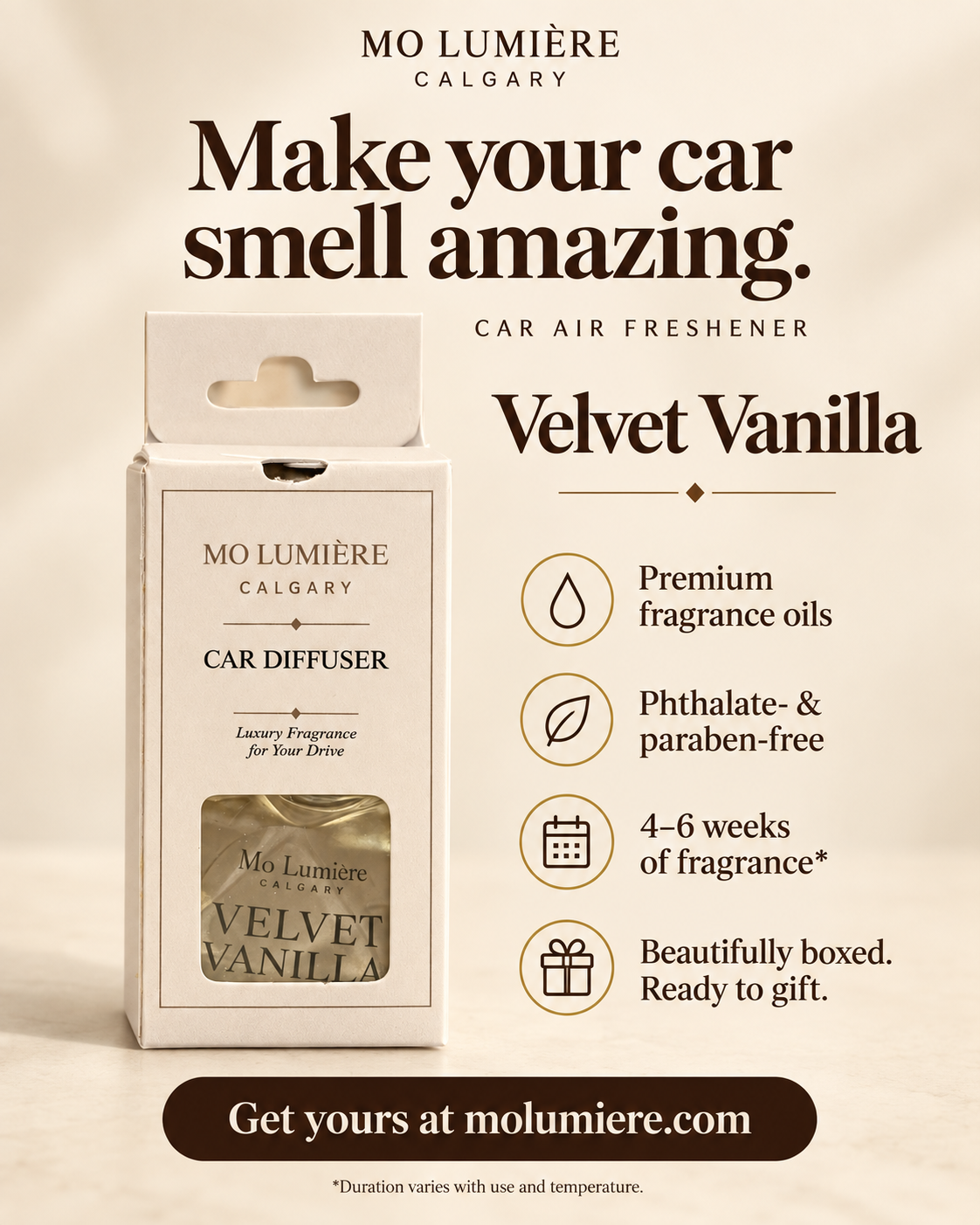 Velvet Vanilla car diffuser fragrance benefits and gift packaging