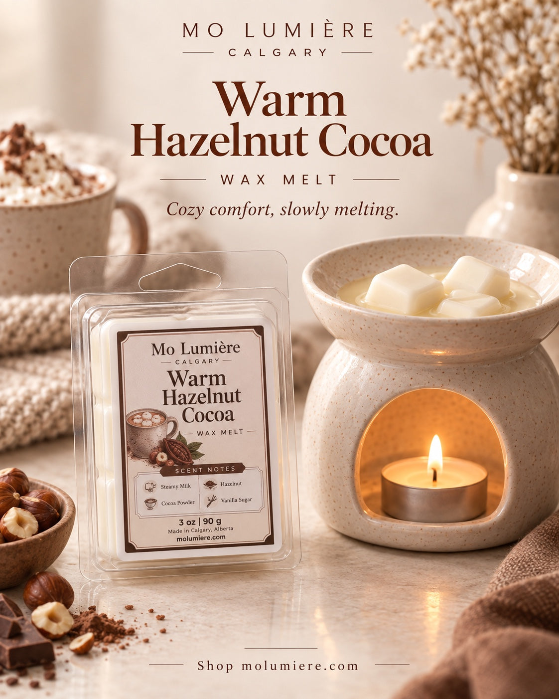 Mo Lumière Warm Hazelnut Cocoa wax melt beside a ceramic wax warmer